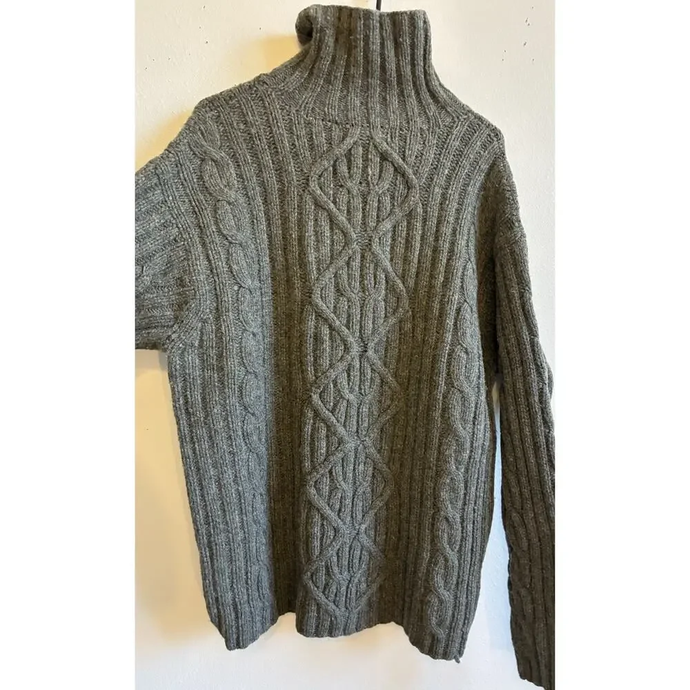 VTG Mens L Turtleneck Fisherman Gray Wool Sweater Diamond Chunky 100% Lambswool